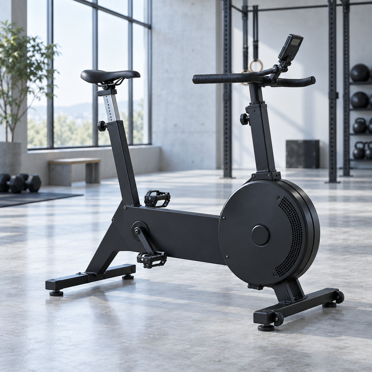 Photorealistic generated image of an indoor cycling ergometer