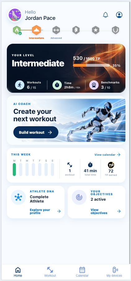 Training Engine home dashboard with weekly activity