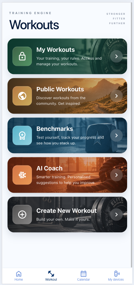 Workout menu with personal workouts and benchmarks