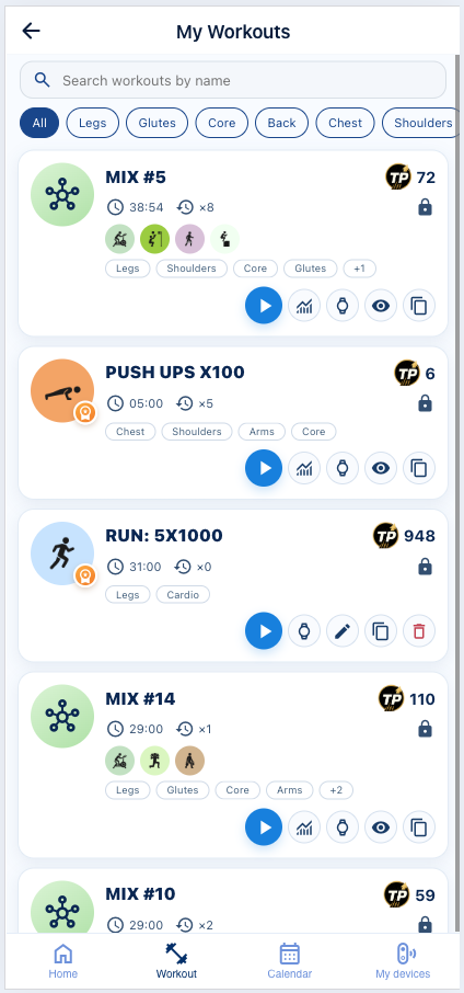 Saved workouts list