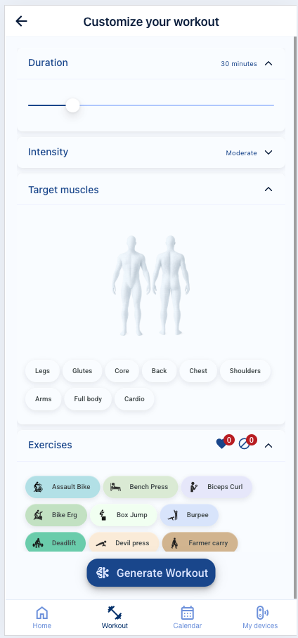Workout customisation screen