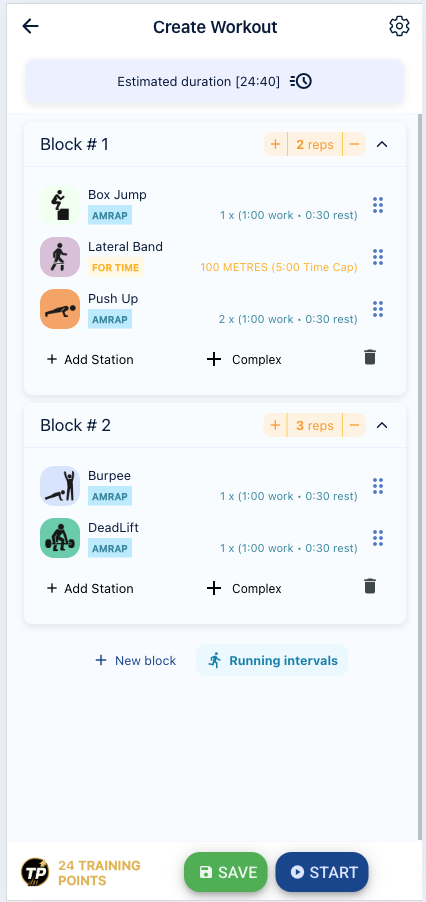 Workout builder with blocks, stations and exercise targets